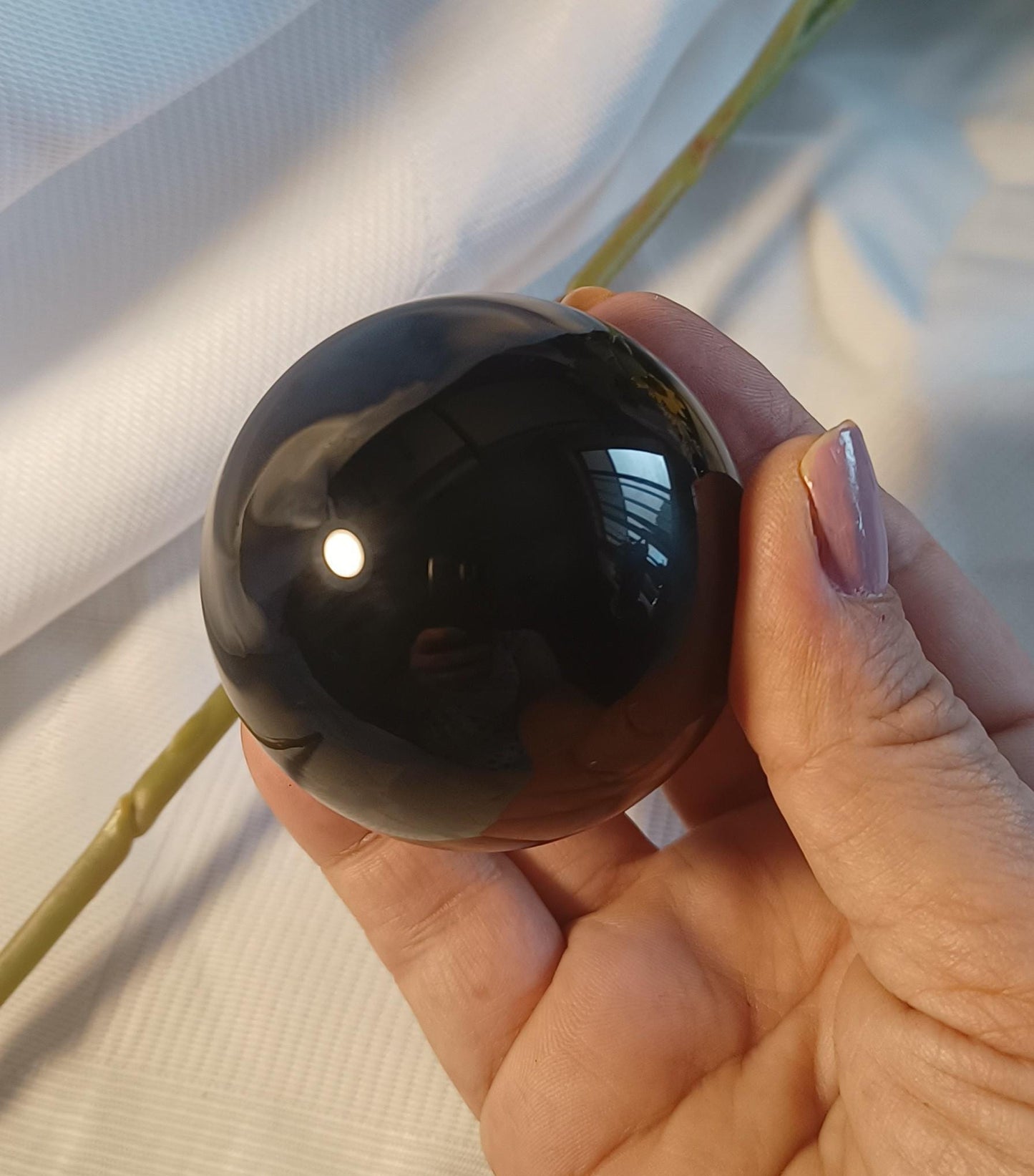 Black Obsidian Sphere with stand - Crystal Healing Energy Cleansing 6cm