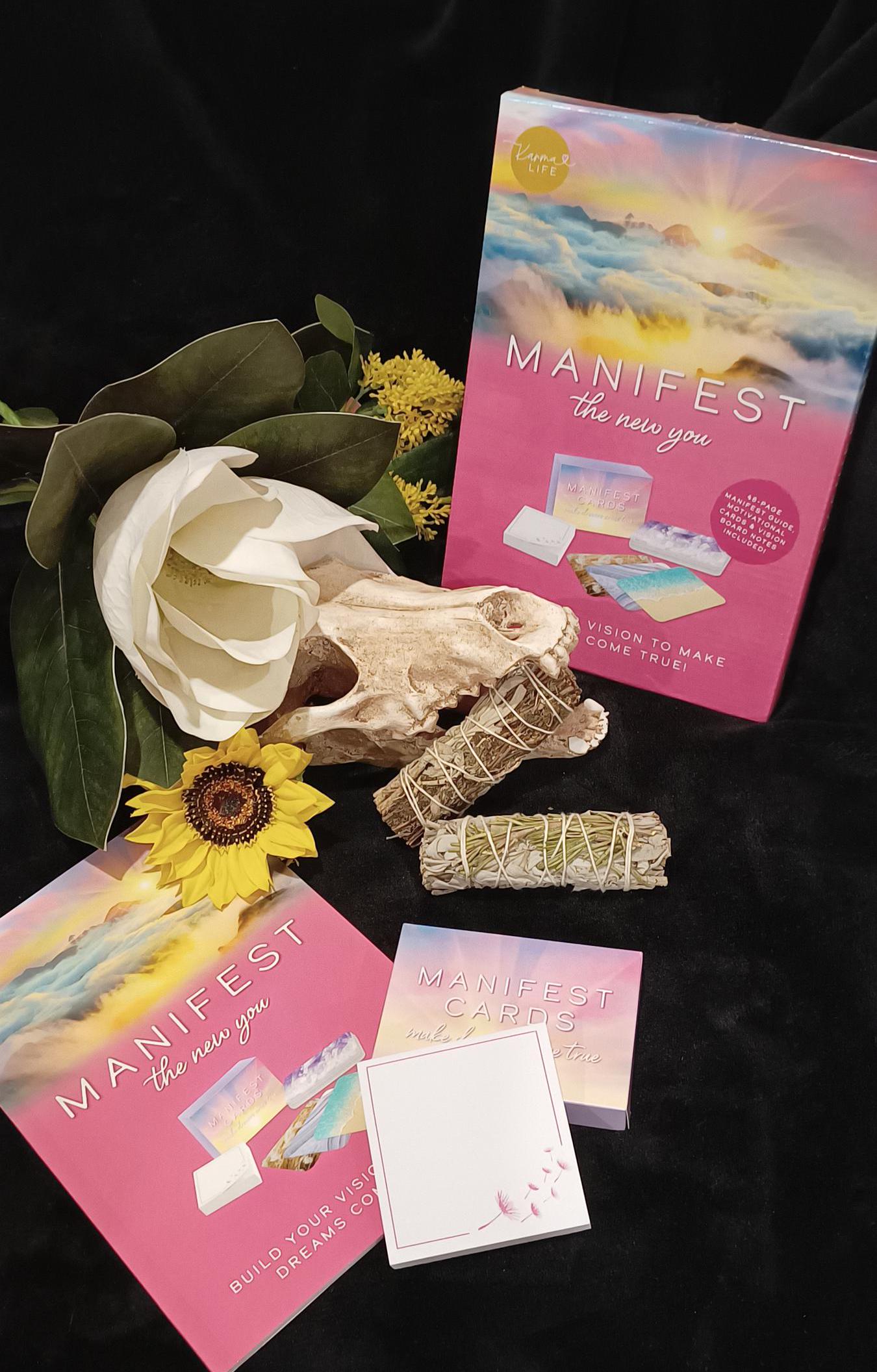 Manifest The New You Included 48 -Page Manifest Guide, Motivational Cards and Vision Board Notes as wel as 2 - Smudging sticks.