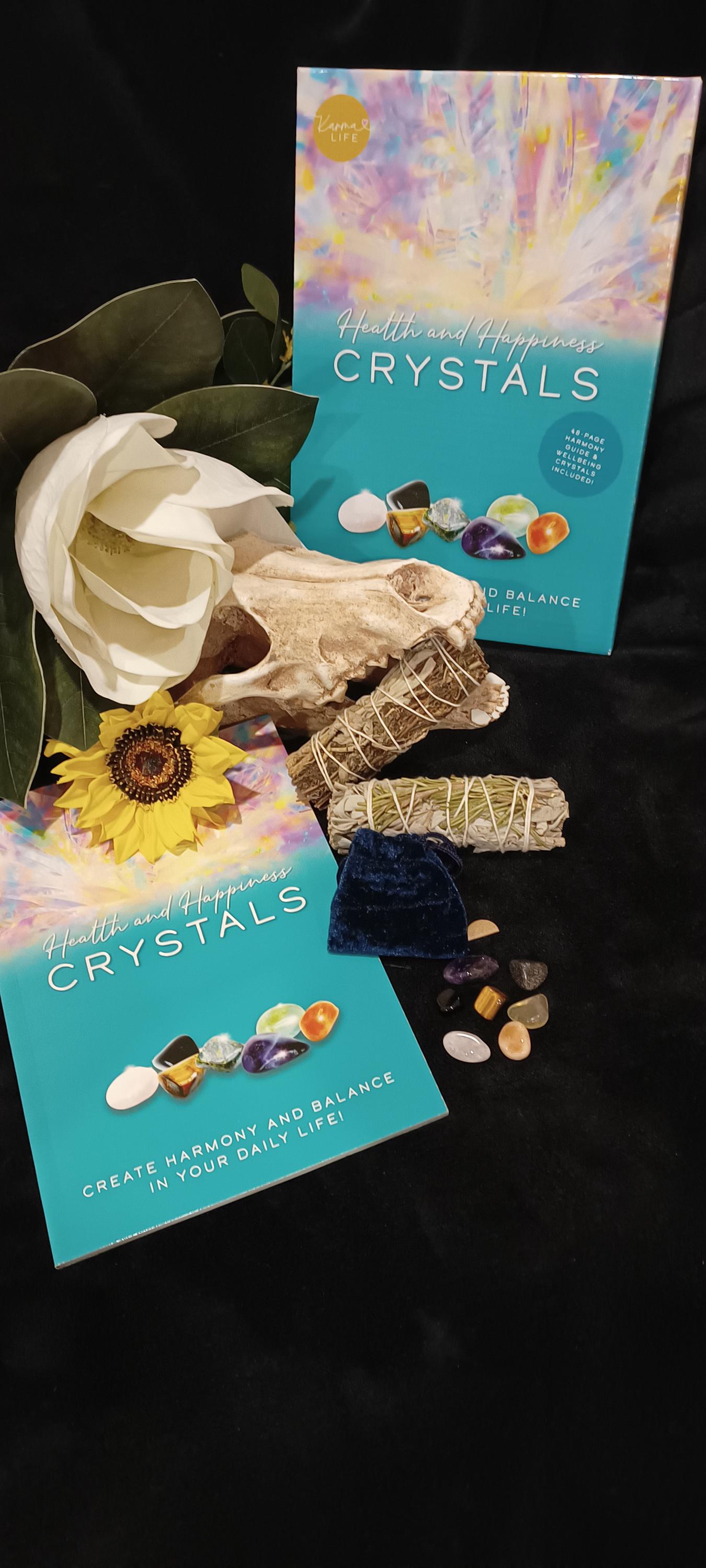 Health and Happiness CRYSTALS including 48-page harmony guide and wellbeing crystals as well as 2- Smudging sticks