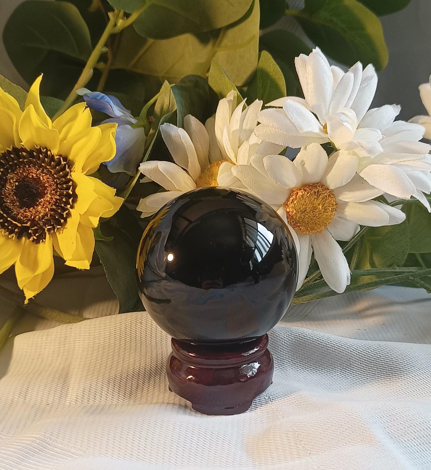 Black Obsidian Sphere with stand - Crystal Healing Energy Cleansing 6cm