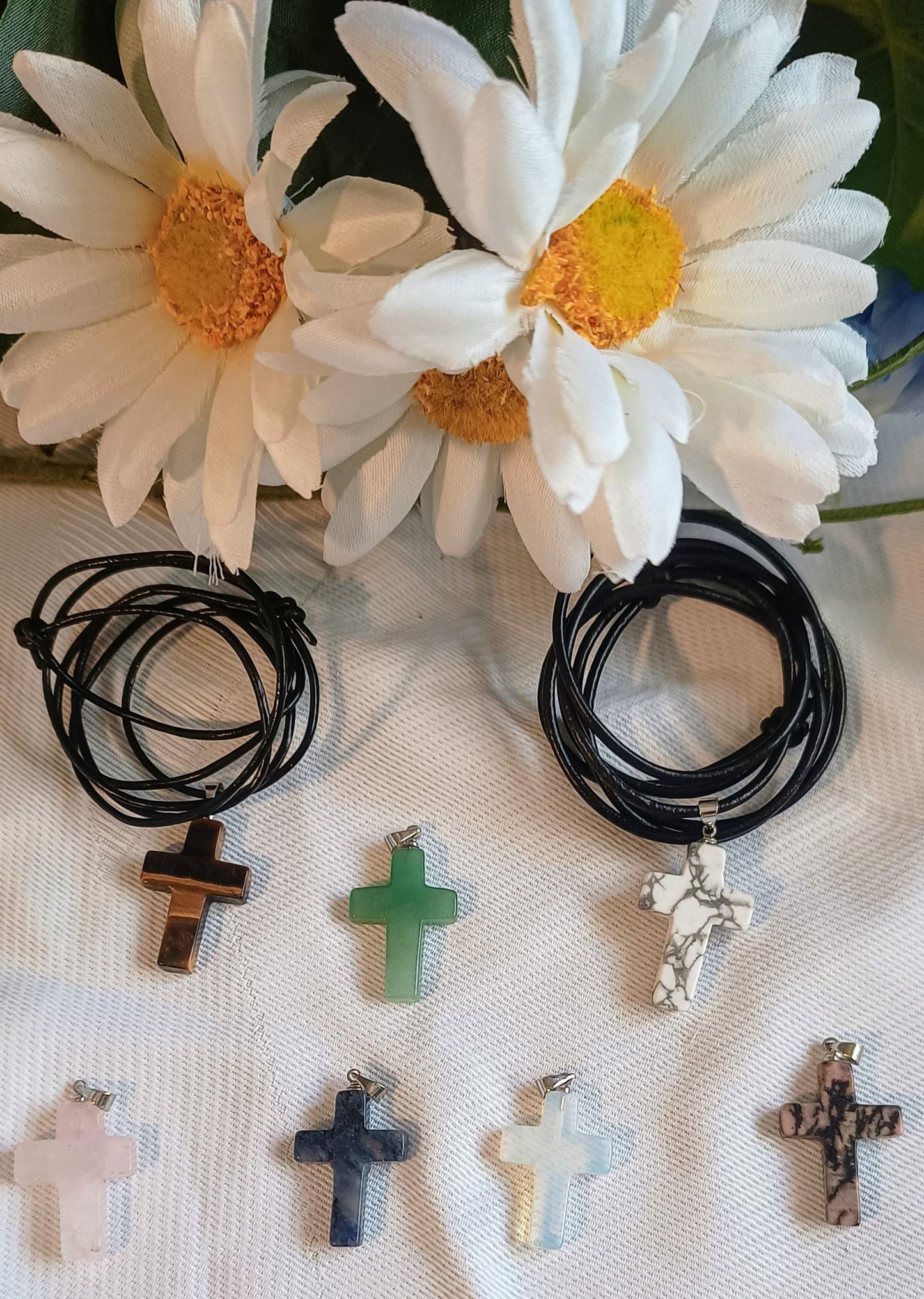 Gemstone Cross Pendants adjustable sliding necklace | Tiger Eye | Rose Quartz | White Howlite | Green Aventurine | Blue Sodalite | Rhodonite
